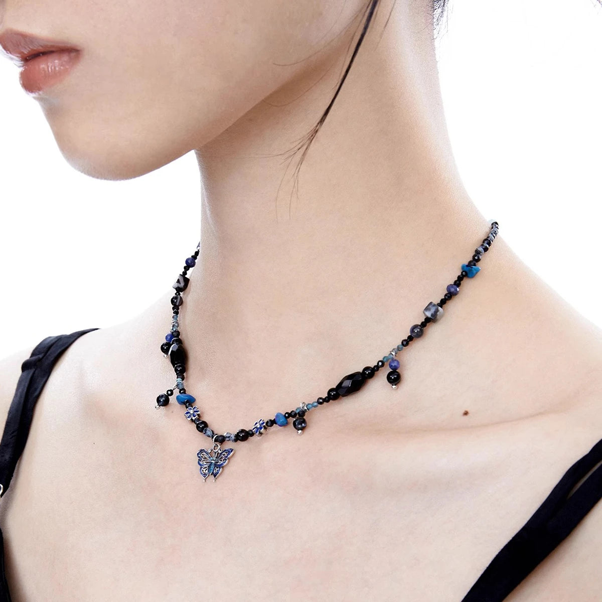 Tibetan-Style Yunnan Silver Blue Butterfly Agate Necklace