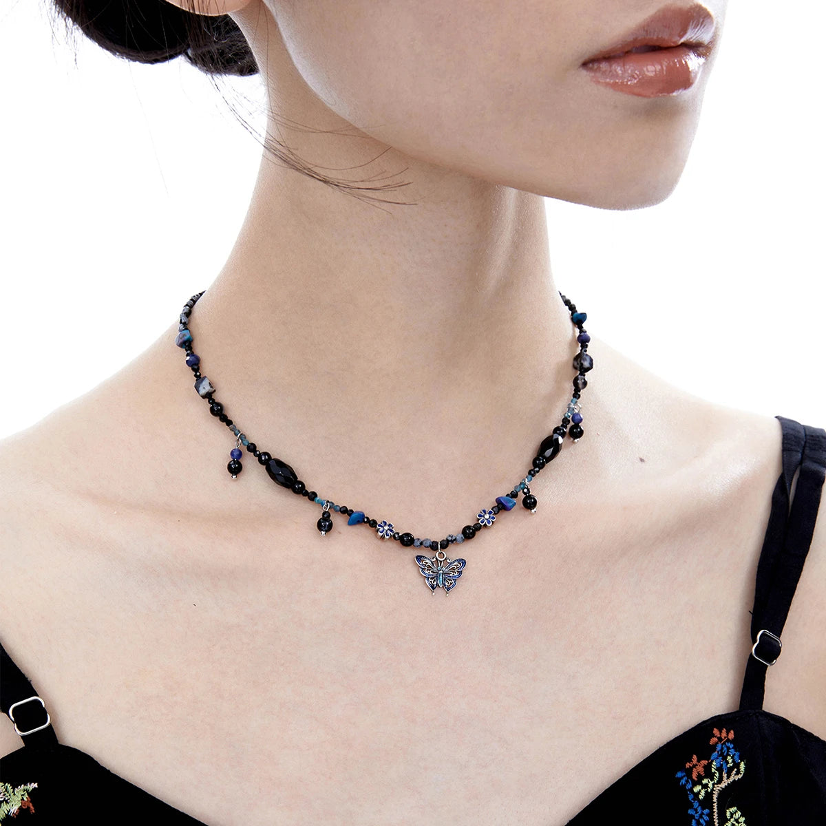 Tibetan-Style Yunnan Silver Blue Butterfly Agate Necklace