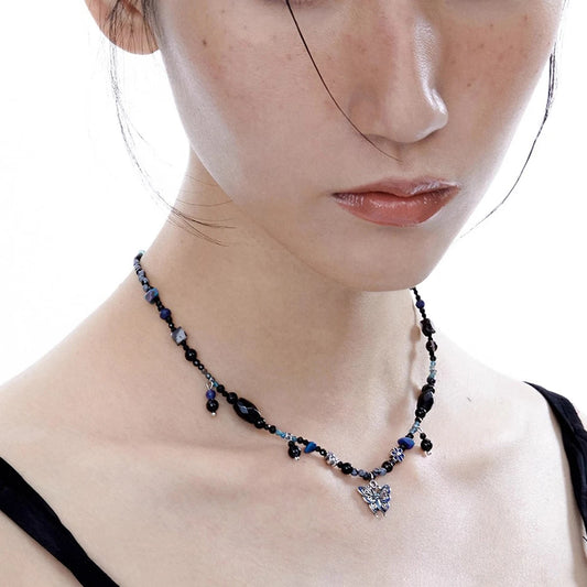 Tibetan-Style Yunnan Silver Blue Butterfly Agate Necklace