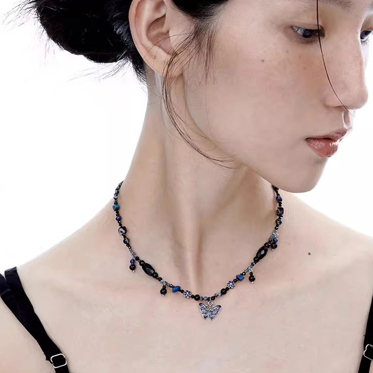 Tibetan-Style Yunnan Silver Blue Butterfly Agate Necklace